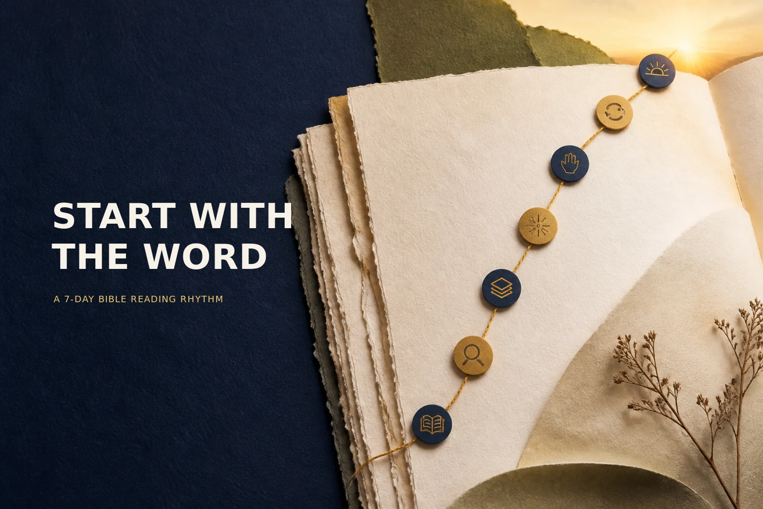 Seven wayfinding markers trace a thread across layered pages at dawn for a seven-day Bible reading rhythm.
